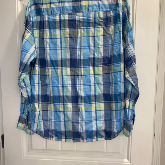 Tommy Bahama Large Preppy Blue Beach Coastal Cotton Tencel Button EUC Plaid - Picture 2 of 9